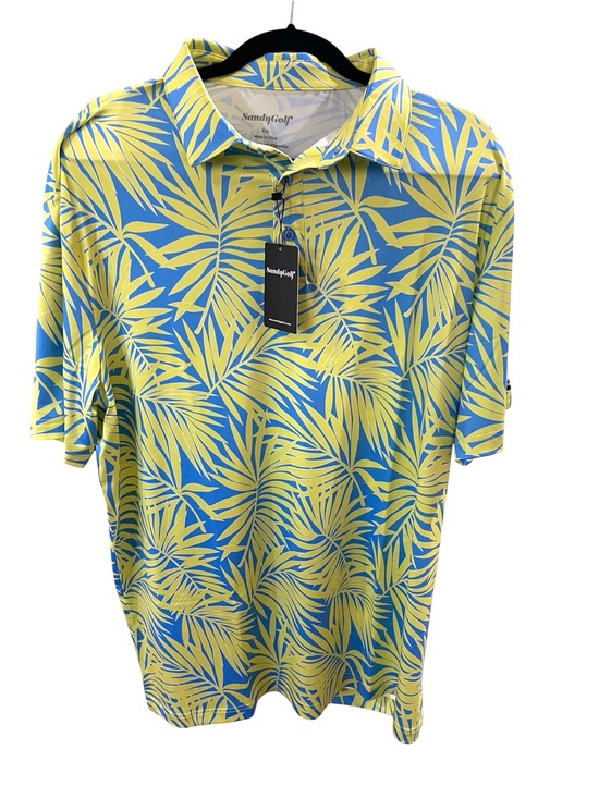 Sandy Golf Other - New Sandy Golf Palm Leaf Print Golf Polo Shirt Short Sleeves SZ XXL Blue Yellow